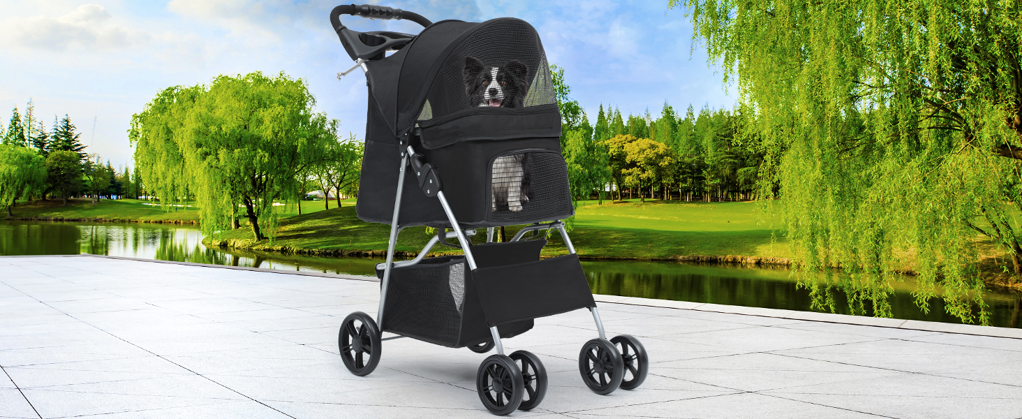 Візок для собак та котів YITAHOME, до 15 кг, з сітчастими віконцями, тримачем для напоїв та кошиком для речей (Чорний)