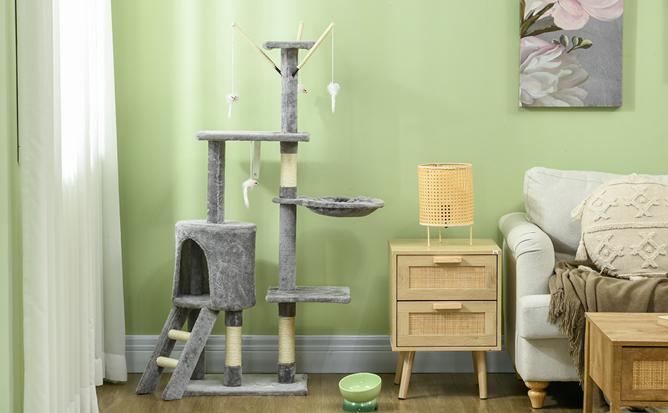 Кігтеточка PawHut для котів, 134,2 см, багатоярусна з печерою, 2 іграшки, сизаль, велика платформа, сходи, сірий+білий
