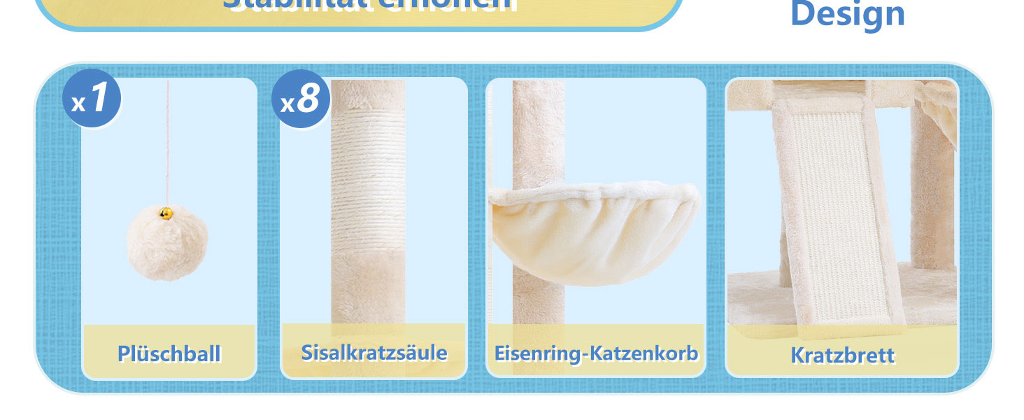 Котячий будиночок Hey-brother Kratzbaum: велика платформа, 2 печери, гамак, дряпальня з сизалю, кошик, 127 см, MPJ071W (Бежевий)