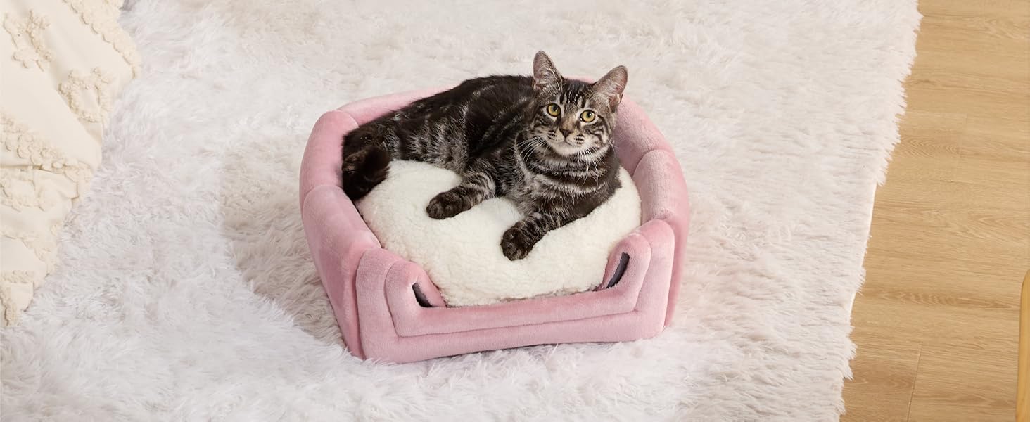 Будиночок для котів BEDSURE великий рожевий, складаний, з м'яким фланелевим знімним килимком, котяче ліжко-тент для кошенят і середніх котів, теплий для дому, 44x44x44 см