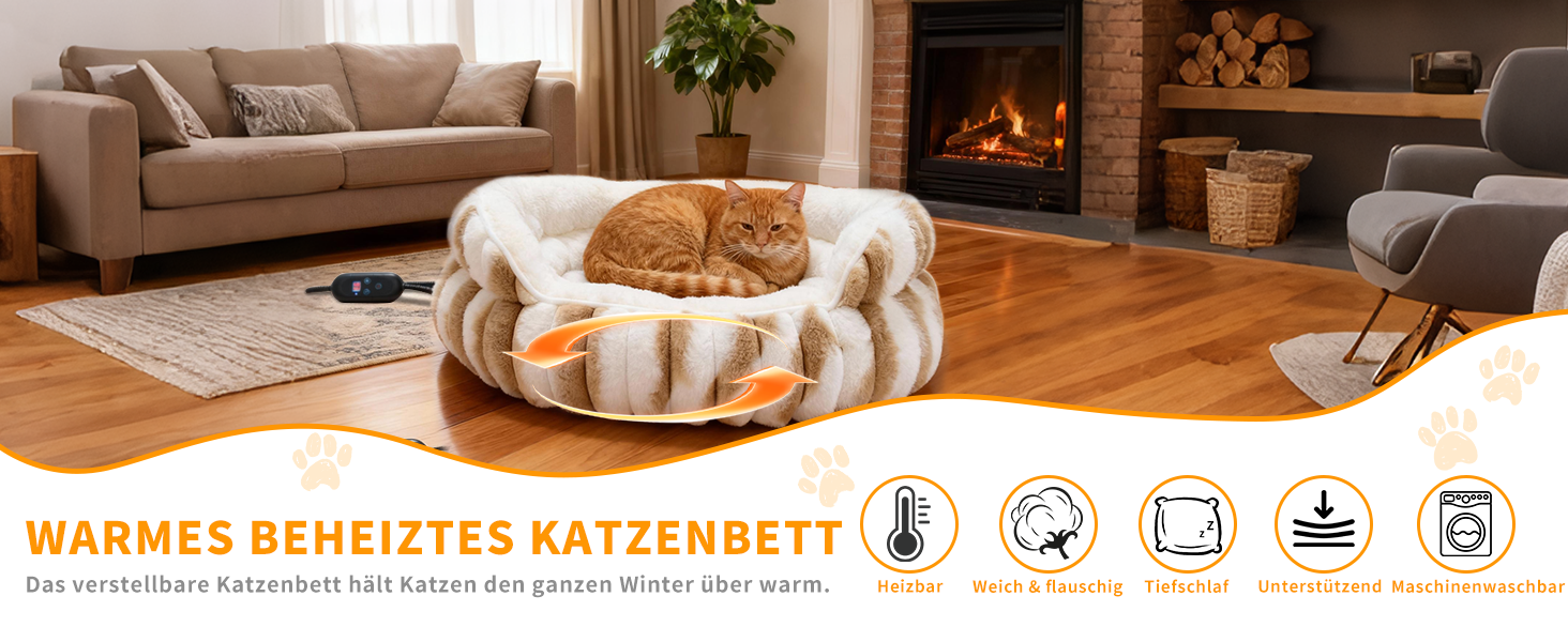 Обігрівальне ліжко для котів, електричне, миється, стійке до укусів, водонепроникне, заспокійливе та тепле з регульованим нагрівальним килимком, 51×51×17 см