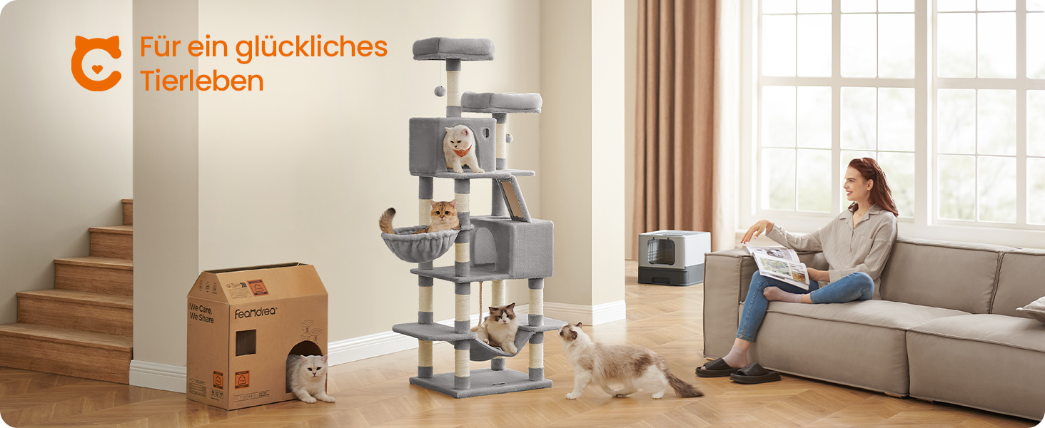 Багатоповерховий котячий будиночок Feandrea з 13 стовпчиками для дряпання, 2 платформами, 2 печерами, гамаком та іграшками, 168 см, сірий