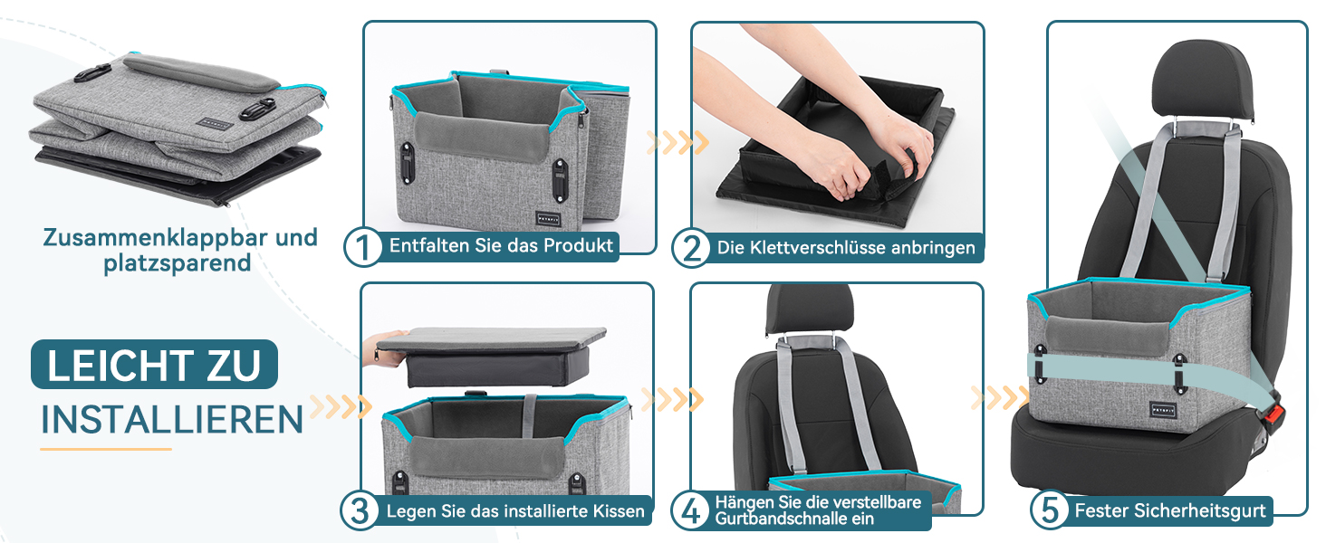 Автокрісло для собак Petsfit - сіре, для маленьких собак, з безпечним кріпленням та зручним лежаком