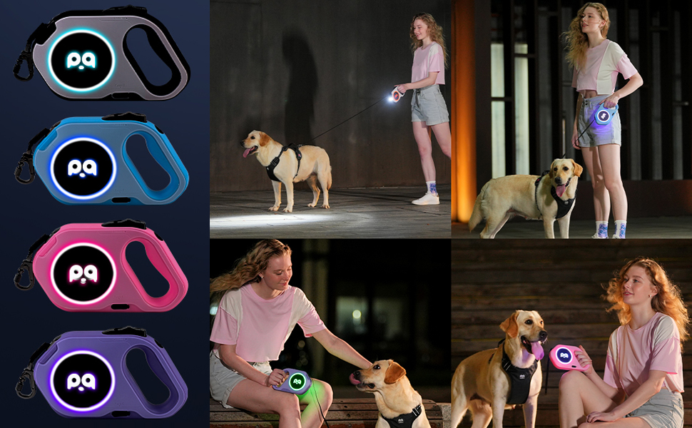 Розтягувана собача поводок з LED-підсвіткою, гальмом та системою швидкого розблокування, 5м, нейлон, до 40кг