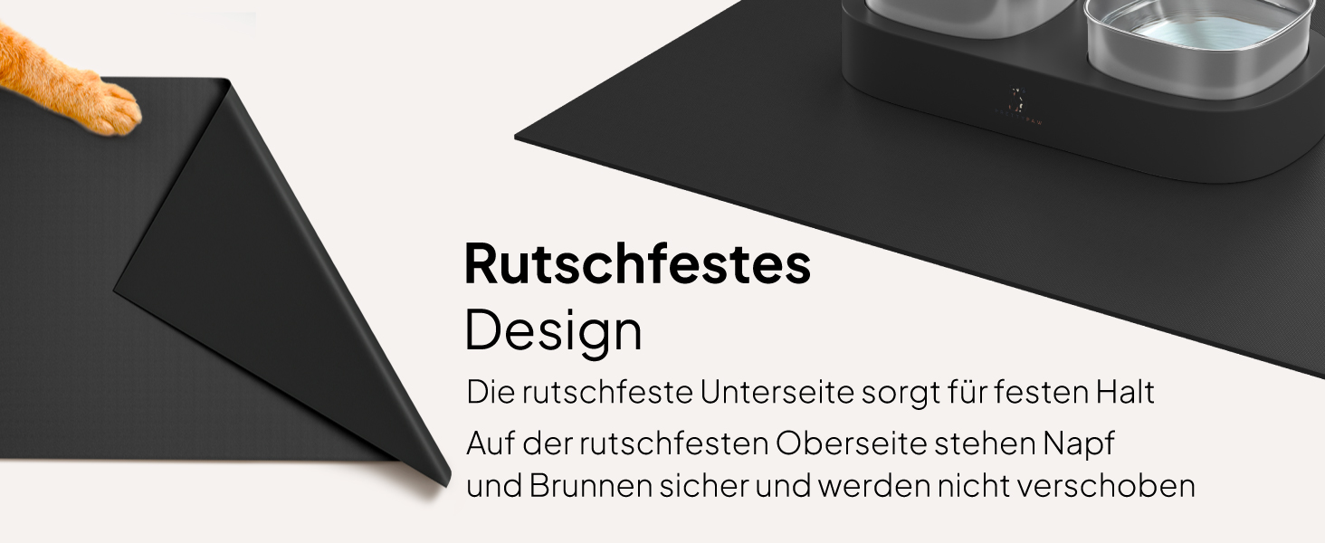 Підкладка під миску для котів Pretty PAW® 60x40 см - неслизька та водонепроникна, захист від води та бруду | Сумісна з фонтанчиком та мисками Pretty Paw (Чорний, широка)