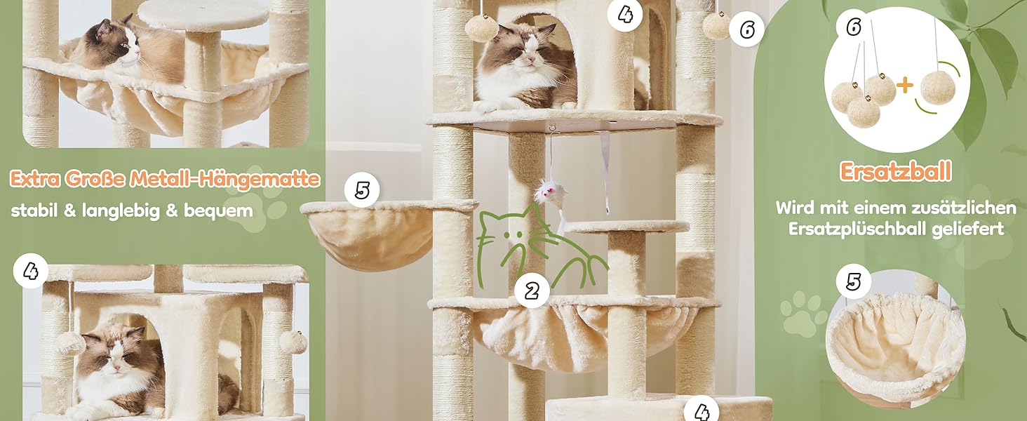 Дерев'яний комплекс для котів Taoqimiao 193 см, великий, з будиночками, лежаками, гачком та когтеточками (MS047G, сірий/бежевий)