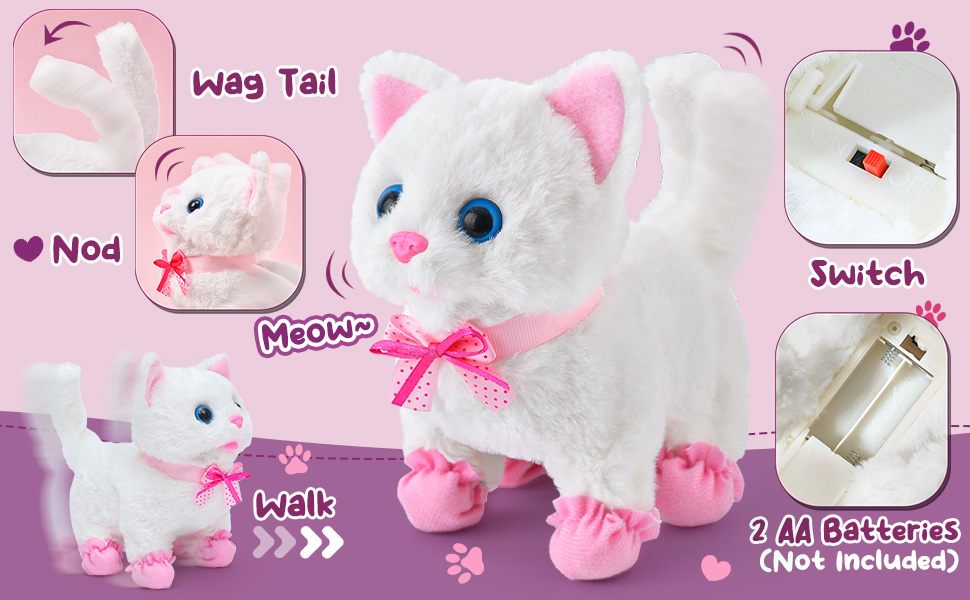 Інтерактивна іграшка Tacobear Katze: електронна котяча іграшка для дітей, ходить, муркоче, махає хвостом. М'яка іграшка, плюшевий котик, подарунок для дівчаток 3-8 років