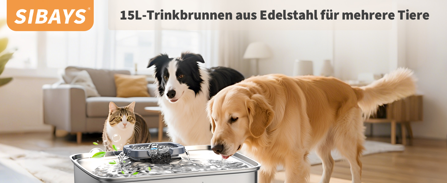 Фонтанчик для котів та собак 15L: великий, з нержавіючої сталі, з LED та вікном, для великих собак та кількох тварин