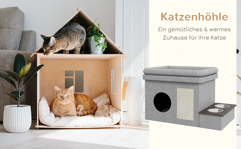 Павук Хатинка для котів PawHut з мисками, лежанка з подушкою, дряпка, будиночок для котів та собак до 8 кг, сірий, 78 x 48 x 49,5 см