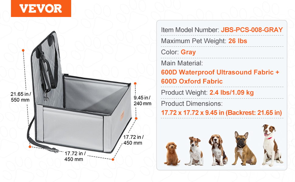 Автокрісло для собак VEVOR, сіре, до 12 кг, з підтримуючою рамою та страхувальним ременем
