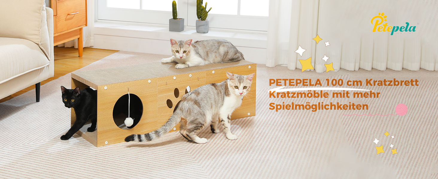 PETEPELA Когтеточка для котів 100 см, якісний картон, з іграшковим м'ячиком, захист меблів, бежевий
