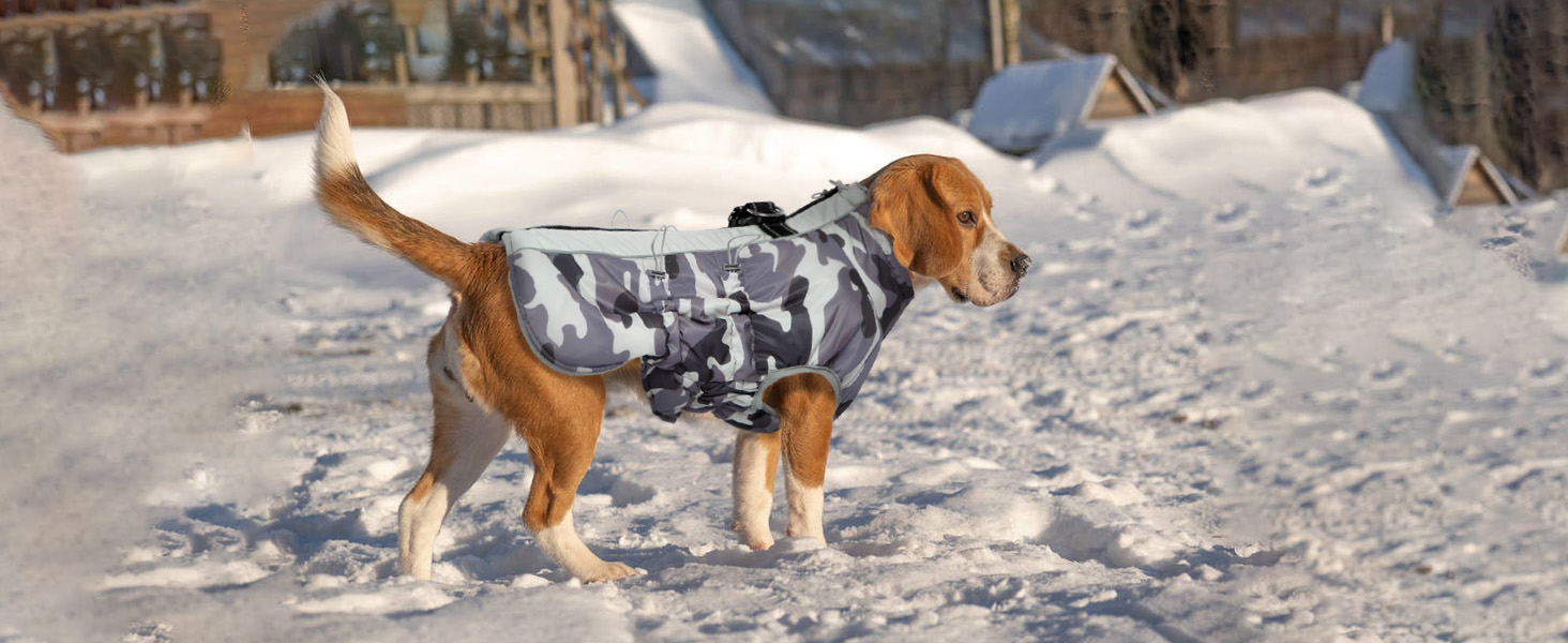 Водонепроникний теплий зимовий одяг для собак - куртка з отвором для шлейки, з відбиваючими смугами, для малих, середніх та великих собак, колір: сірий камуфляж, розмір: S