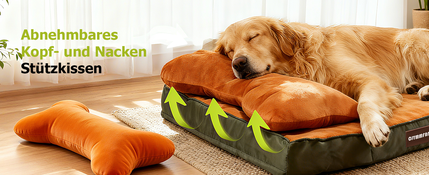 Ортопедичне ліжко для собак з пральним покриттям, водонепроникне подушка для собак з піною з пам'яті та знімний підголівник для підтримки голови та суглобів, неслизьке дно для середніх та великих собак, розмір: 89 x 56 x 20 см, помаранчеве