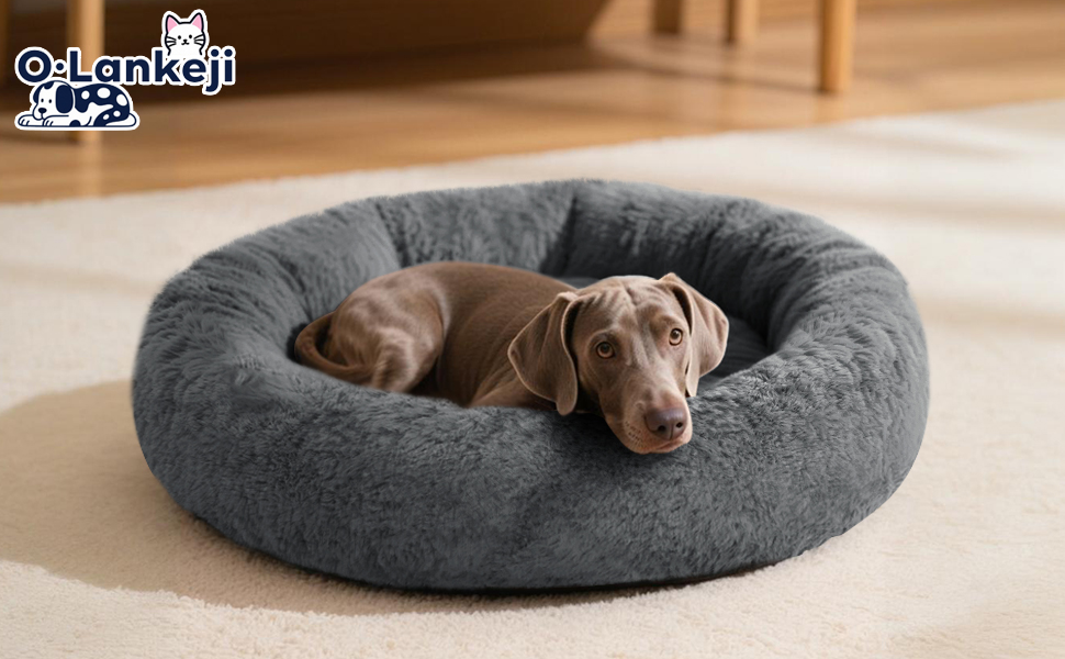 Кругле ліжко для собак O·Lankeji з м'якого флусу, штучного хутра, знімний кошик, нековзна основа, для маленьких, середніх та великих собак, M-⌀60см (M-⌀60см, Антрацит)