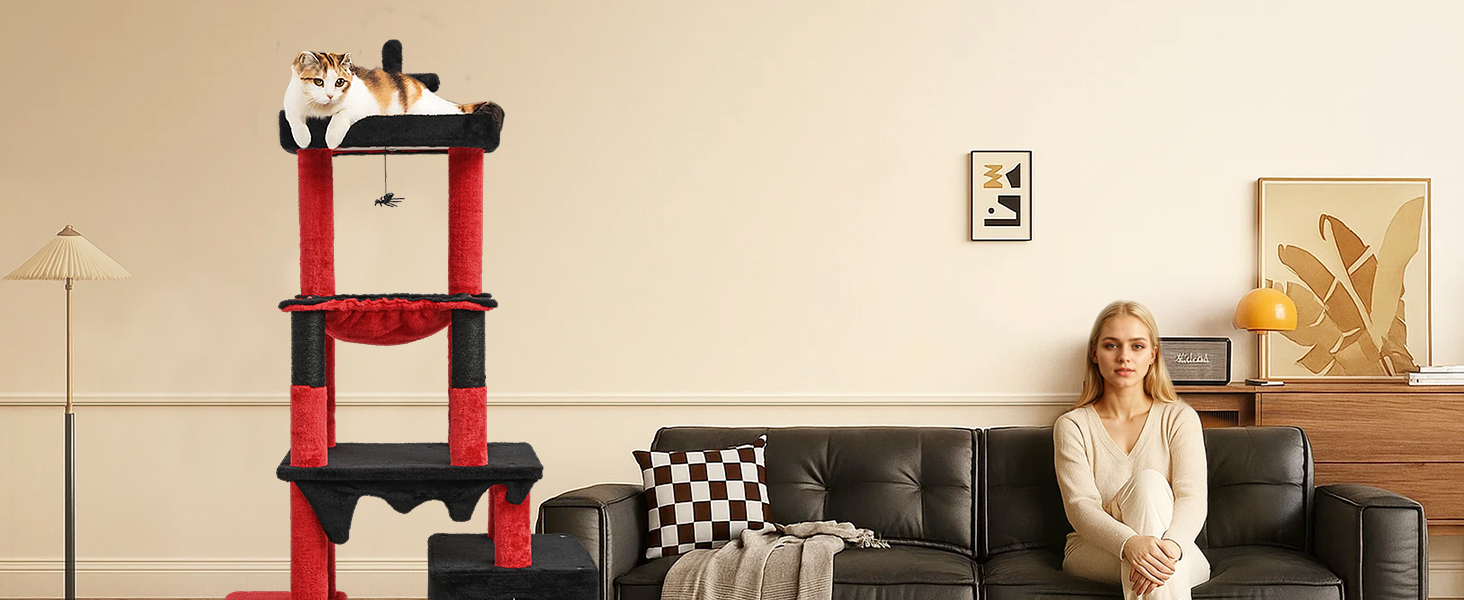 Драбинка для котів BYBYME у готичному стилі на Halloween, 168 см, стійкий комплект котячих меблів з ліжком, будиночком, гамаком та стовпчиками для шліфування кігтів (чорно-червоний), підлоговий