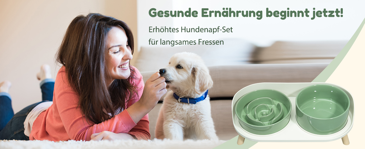 Набір мисок для собак з кераміки, піднятий на платформі - миски для повільного годування, набір з двох мисок для маленьких та середніх собак, годівниця та миска для води з неслизьким підставкою, середньо-зелений колір