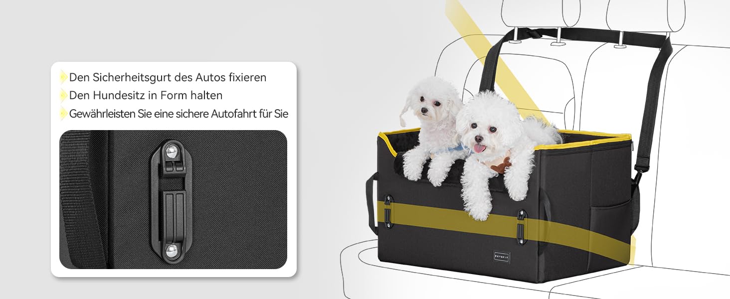 Автокрісло для собак Petsfit - чорно-жовте, для 2 маленьких собак, з ременями безпеки