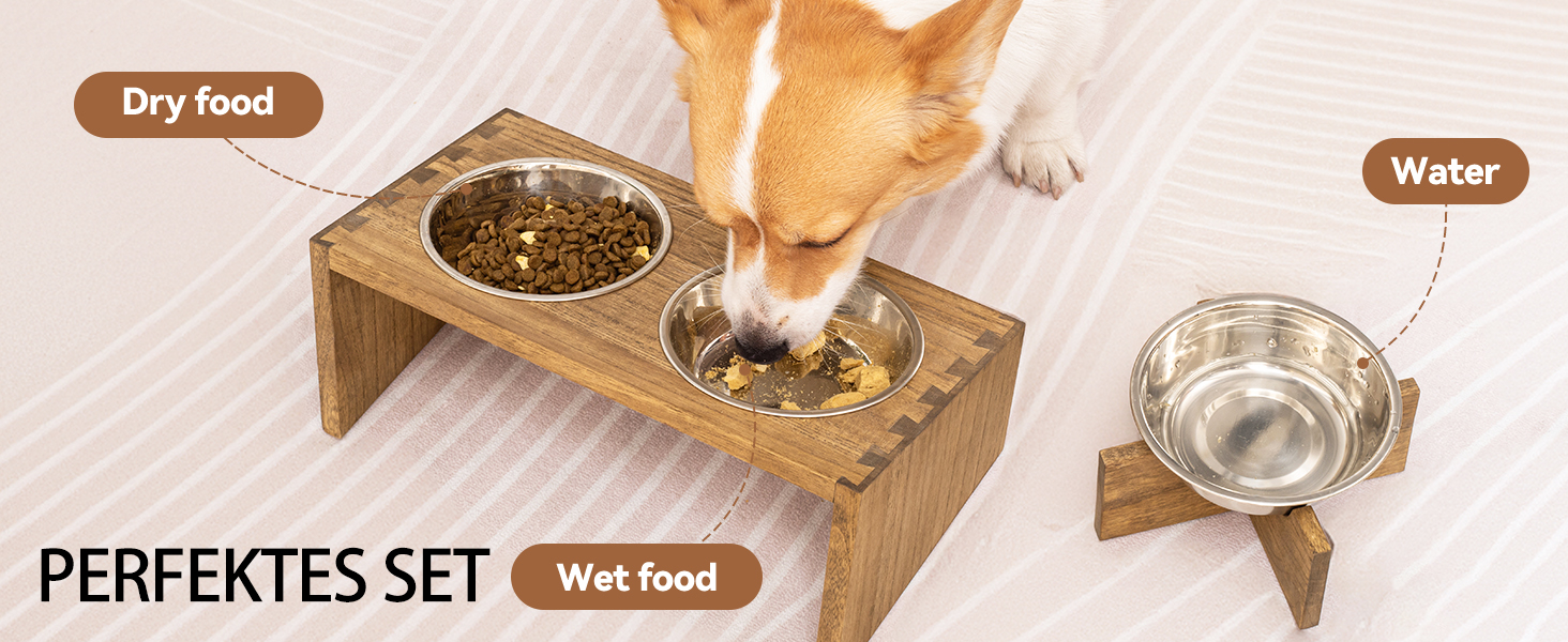 Підвищені годівниці для котів та собак KIRIGEN – дерев'яна годівниця з 3 знімними мисками з нержавіючої сталі, жовто-коричневого та темно-коричневого кольорів