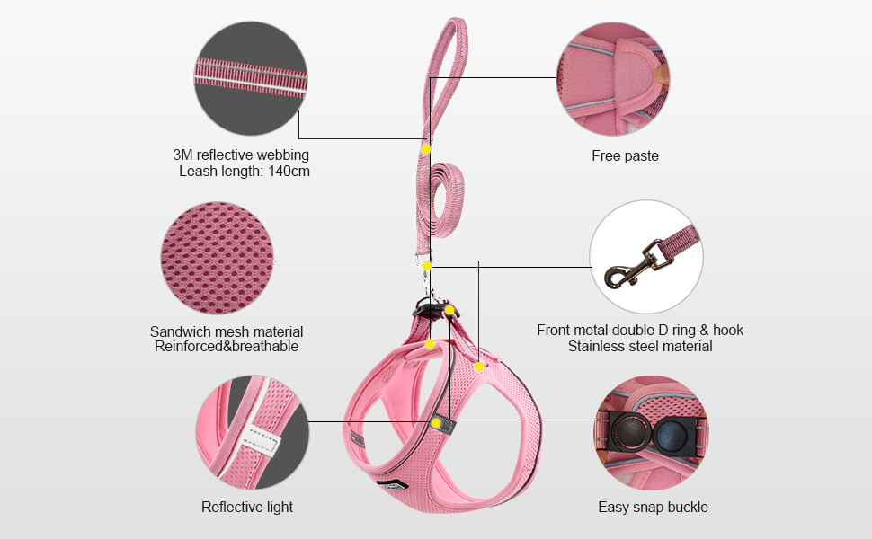 Нашийник для собак з повідком Anti-Pull, світловідбиваючий, для малих собак, кошенят, чорний, розмір M