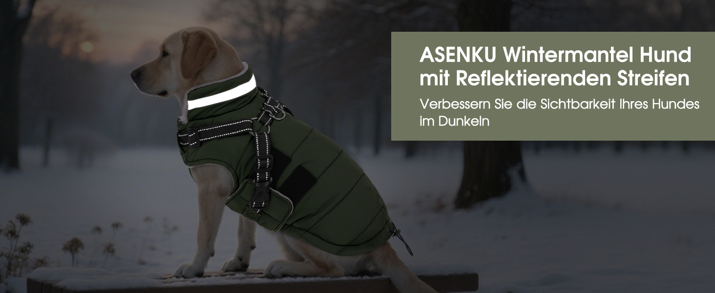 Зимовий теплий накид для собак ASENKU (S, M, L, XL) – водонепроникний, вітронепроникний, з відбиваючими елементами, з нагрудником, для маленьких, середніх та великих собак, зелений