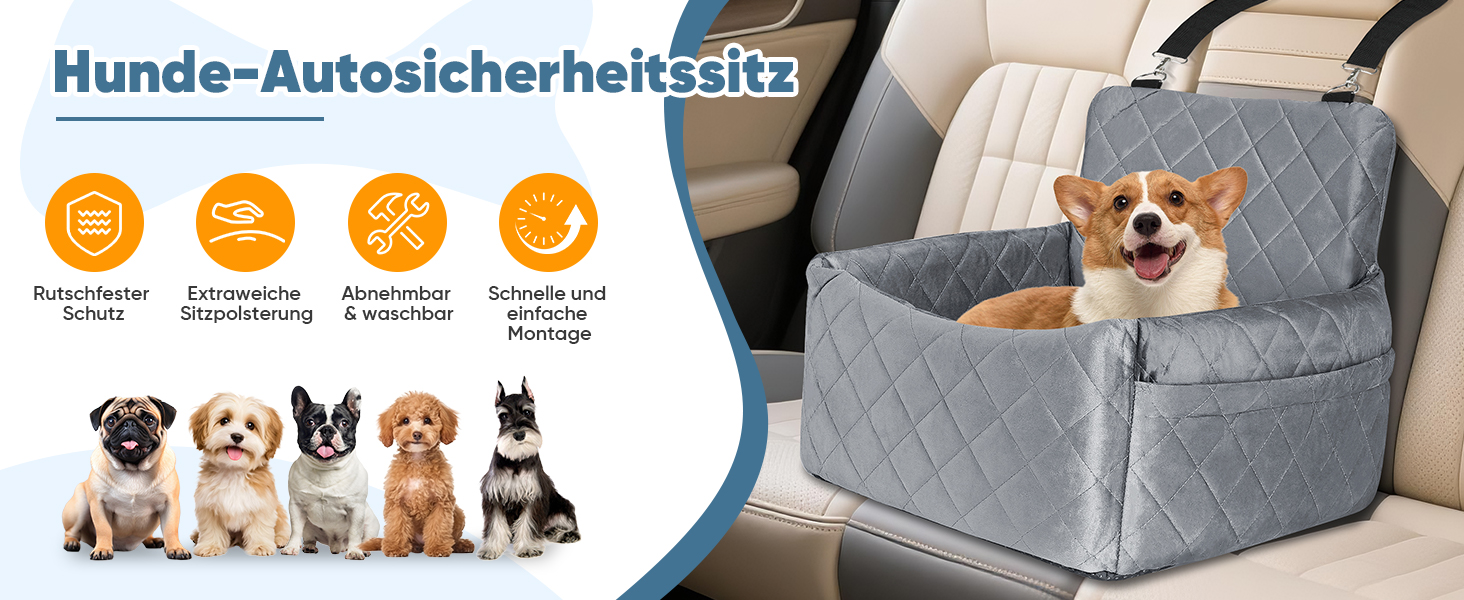 Автомобільний лежак для собак, кріплення на заднє сидіння, з ременями безпеки та кишенею для зберігання, 45x40x34 см