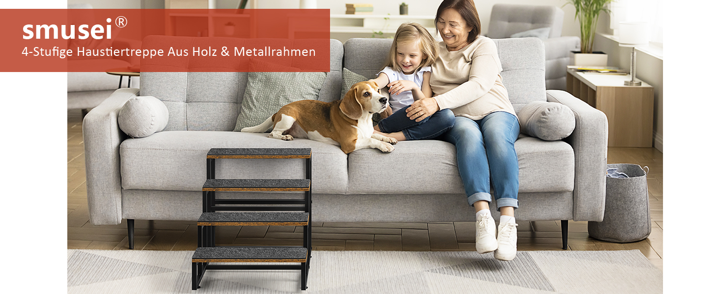 Смусей Сходинки для домашніх тварин: собачі та котячі, 4 сходинки, стабільна конструкція з дерева та металу, протиковзке покриття, для диванів, ліжок, балконів, 60x40x43 см, коричневий