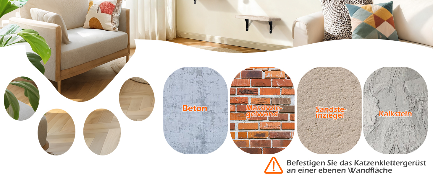 Кігтеточка-стіна для котів Eukue, комплект 10 елементів, великі настінні елементи з котячим будиночком, мостом та сизалевими стовпчиками, до 10 кг, бежевий колір