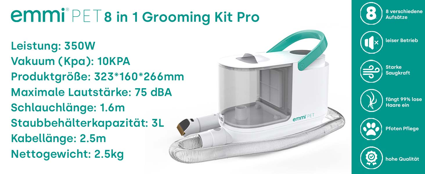 Машина для стрижки собак Emmi-pet 6-в-1 з пилососом | Тример, гребінець та пилосос | 6 професійних насадок | 3 рівні всмоктування | Догляд за тваринами для собак та котів | Тихий мотор | 2,5л контейнер (Професійний набір для грумінгу)