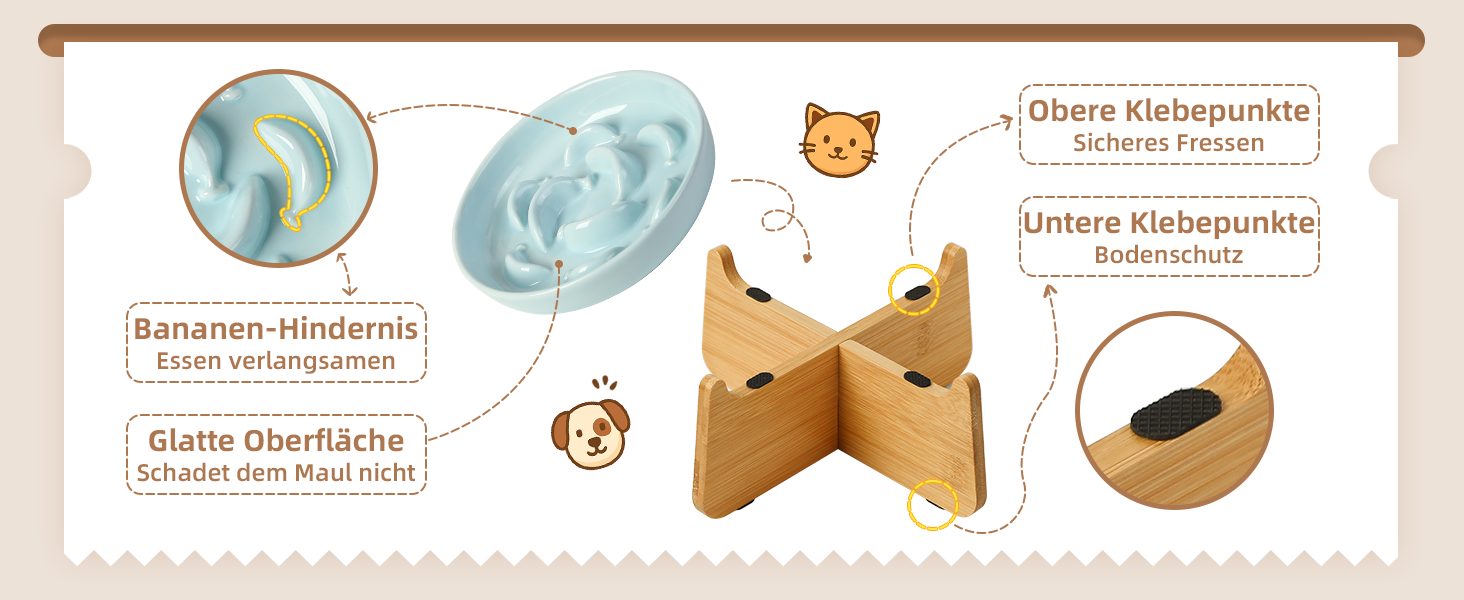 Антислизький годівниця для котів з кераміки з металевим підставкою - Підвищена годівниця проти захлинування - Лабіринтова миска для повільного годування - Рожевий (миска + бамбук - білий)