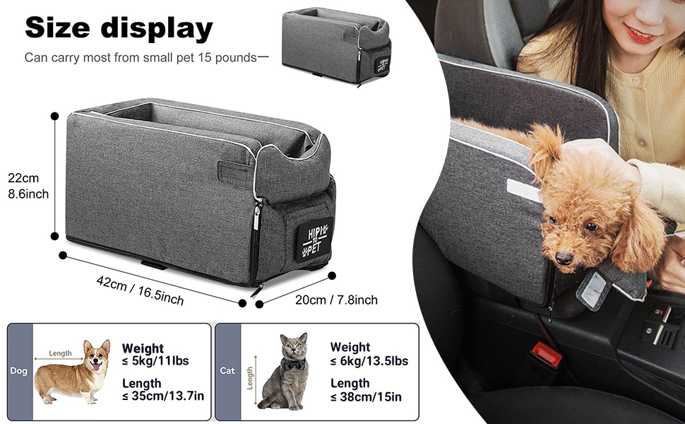 PETCUTE Автокрісло для собак та котів до 6 кг, сірого кольору. Зручне автокрісло-консоль для маленьких тварин, з антиковзким покриттям, знімний та миючий чохол.