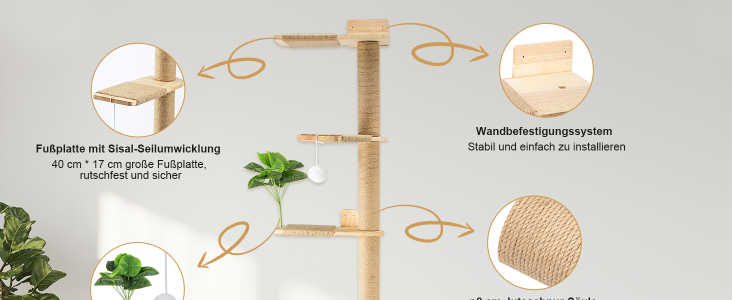 Кігтеточка для котів Youyijia 206 см з натурального каучукового дерева, 5 ярусів, настінна, з розширеною основою, плюшевими кульками, 360° обертання, XXL кігтеточка для котів