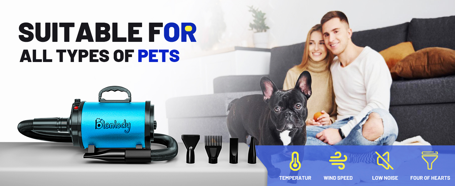 Фен для собак Blower - тихий, 4.5 PS / 3200W, регульована швидкість, з набором насадок (4 шт.), синій
