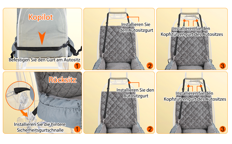 Автокрісло для собак SIVEIS – м'яке ліжко з кишенькою, для собак малого та середнього розміру, з ременем безпеки (02-Сіро-блакитний)