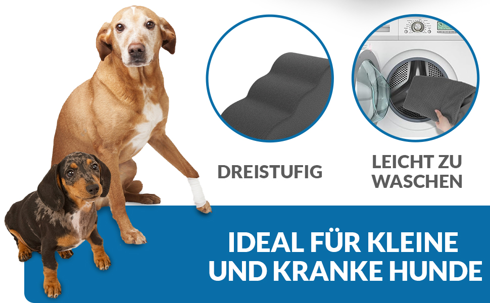 Сходинка для собак Nuraya: 3 сходинки, 40 см, з антиковзким покриттям. Підходить для маленьких собак та котів. Зручна для доступу до диванів та ліжок. Легко миється.