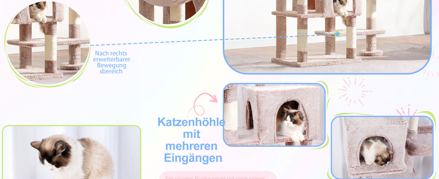 Котячий будиночок Hey-brother XXL для великих котів, 180 см. Стабільний котячий комплекс з 3 платформами, 3 великими печерами та 2 котячими будиночками, бежевий, EMPJ038MU