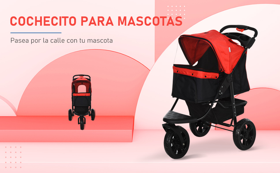 PawHut Складаний візок для собак, переноска для тварин, маленький візок для собак з 3 колесами, сітчасте вікно, кошик для зберігання та ремені безпеки, 109,5x57,5x106,5 см, Червоний