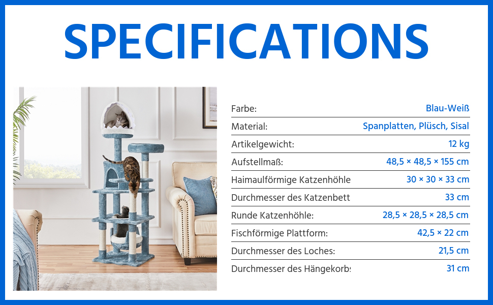 Дерев'яний будиночок для котів Yaheetech Meer Katzenbaum 155 см, когтеточка, блакитно-білий, з гамаком та платформою
