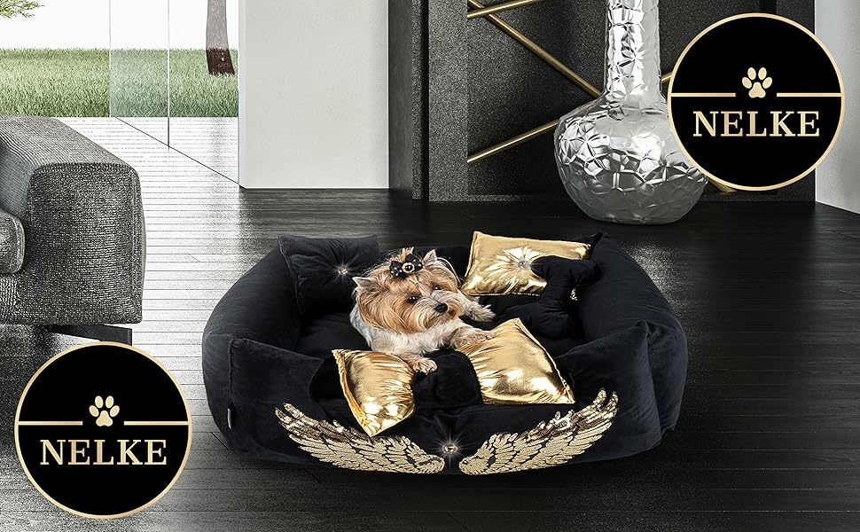 NELKE Розкішне ліжко для собак Glamour-стиль. Чорне ліжко-софа з золотими крилами для маленьких та середніх собак. Знімний, washable (можливість прання)
