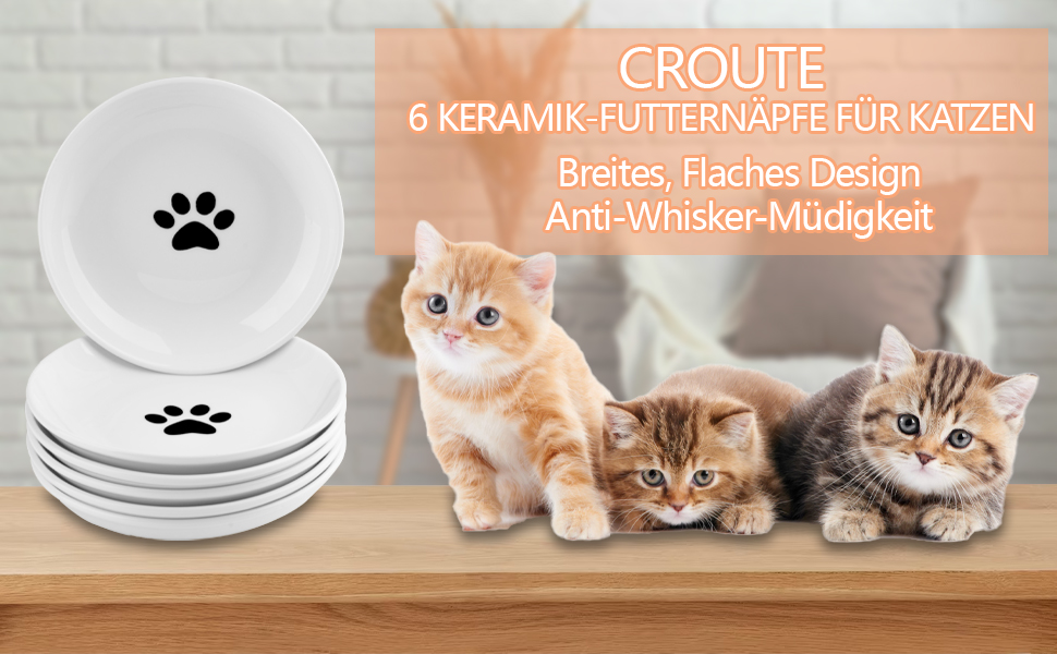 Набір мисок для котів CROUTE 6 шт. з кераміки - широкі миски для котів, анти-високочування, білий колір, з принтом лапки