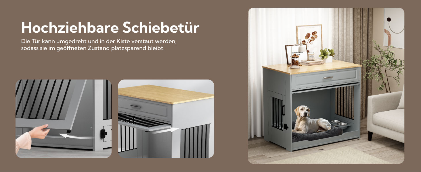 DAWNYIELD Клітка для собак, меблі, дерев'яна з відкидною дверцятами та шухлядою, стиль меблів, внутрішній вольєр для собак, стіл з поворотним миском на 360°, білий колір, біла розсувна дверцята (сіра розсувна дверцята)