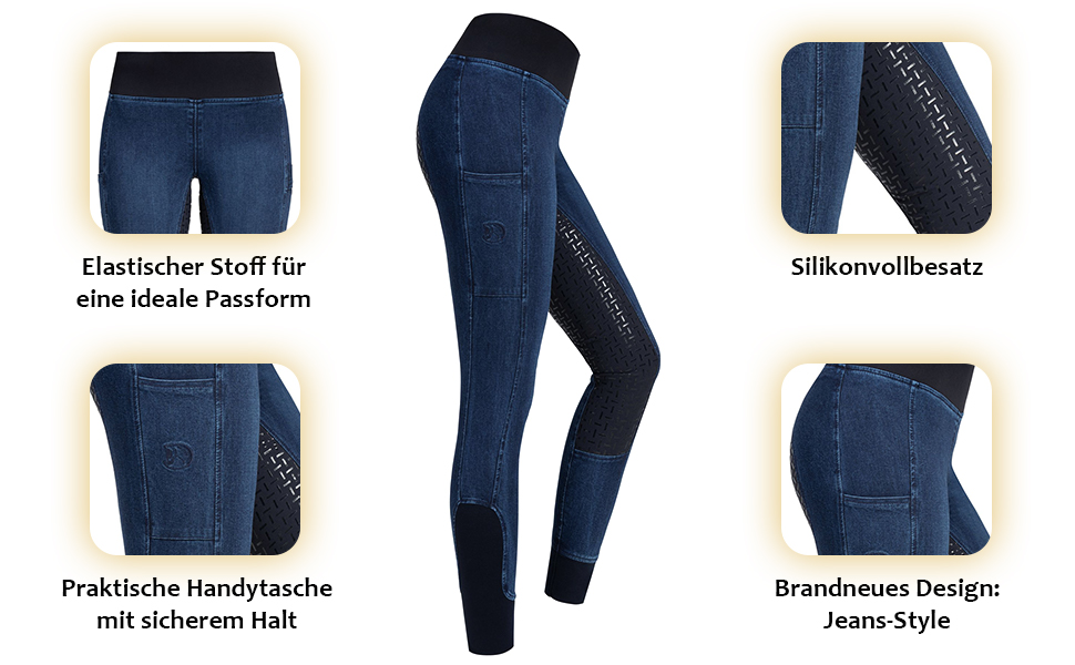 Джинсові легінси для верхової їзди RIDERS CHOICE з повним силіконовим покриттям та кишенею для телефону - RidersDeal Collection, 32, Темно-синій