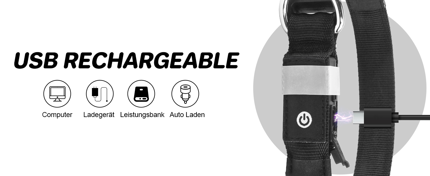 Світлодіодна нашийник для собак Feycig з USB зарядкою - водонепроникний, регульований, 3 режими, для малих, середніх та великих собак (Чорний, L(48-60см))