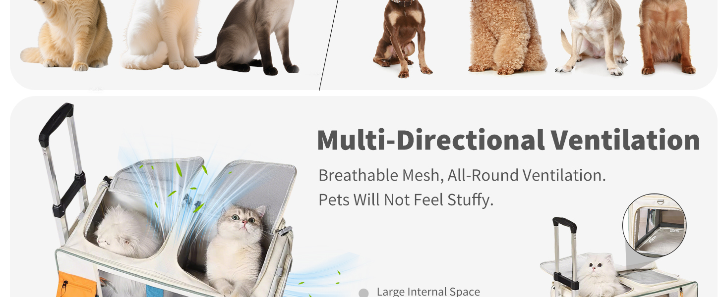 PETCUTE Транспортна сумка для тварин на 2 котів/собак з 2 відділеннями та знімними колесами, дихаюча, для подорожей, прогулянок, кемпінгу, бежево-коричнева