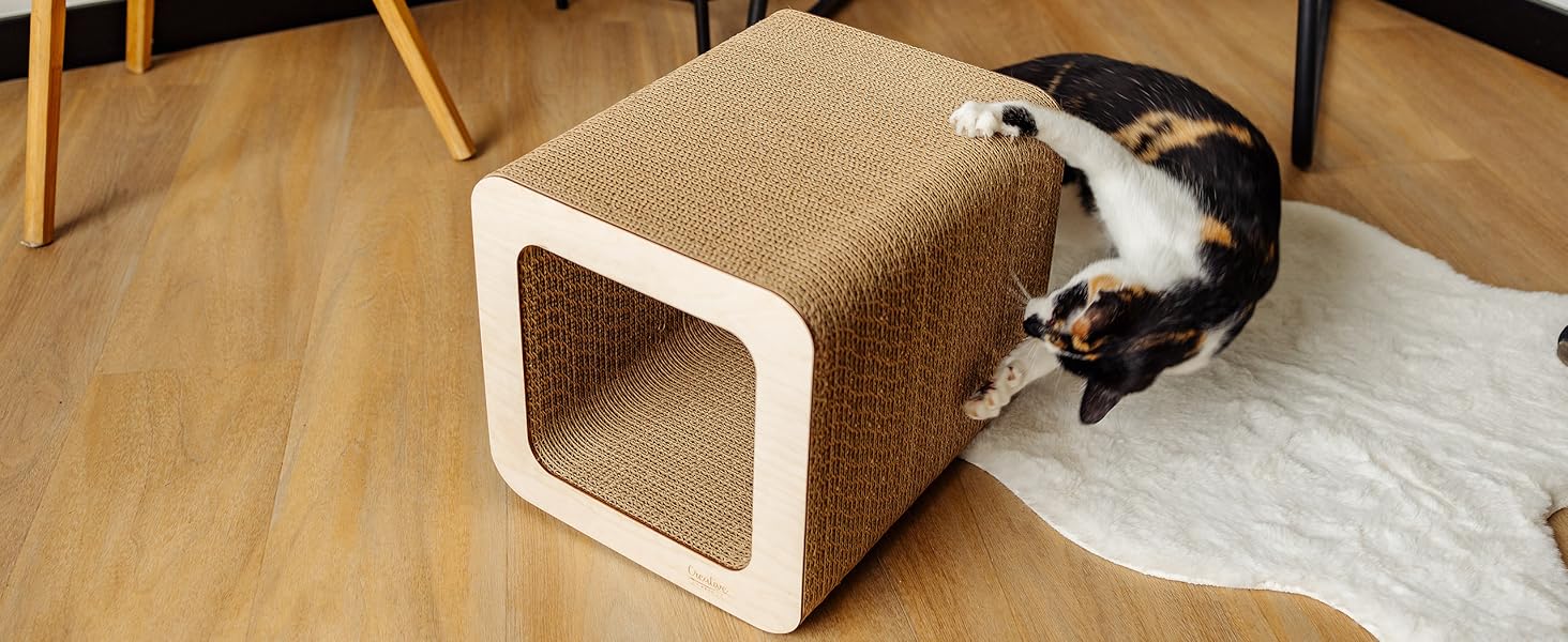 Кігтеточка для котів з картону | Міцна, велика, 2в1 з будиночком | 37 x 30 x 30 см
