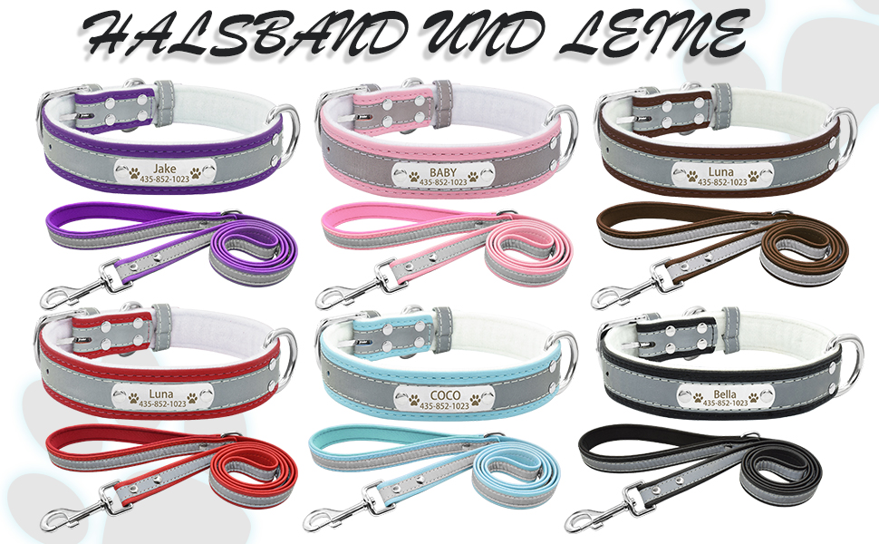 Персоналізоване світловідбиваюче нашийник та поводок для собак Senristar з гравіюванням, для малих, середніх та великих собак та котів (XL, ширина 3,0 см, обхват шиї 45-55 см), червоний комплект