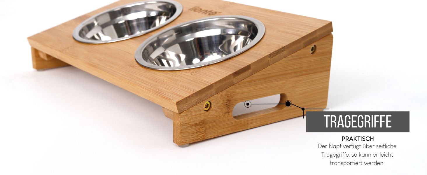 Підвищений годівниця для собак Lionto з бамбуку, 35x20x10 см, подвійний набір мисок для собак та котів, 2 миски з нержавіючої сталі Ø 14 см, об'єм кожної миски 250 мл, неслизька та щадяча суглоби