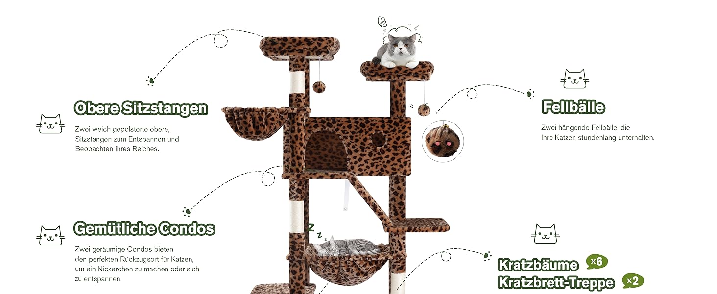 Котячий будиночок MUTICOR з когтеточкою, 206 см, великий, багатоярусний, з гамаком, для великих котів, з плюшем, з широкою основою (леопардовий принт)