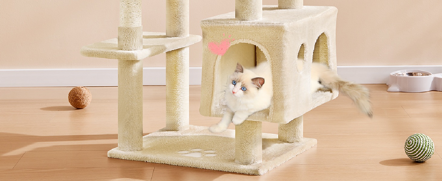 Кігтеточка для котів MSmask велика, стабільна, багатоярусна з 2 платформами, 2 будиночками, гамаком та сизалевими стовпчиками (Бежевий, 160 см)