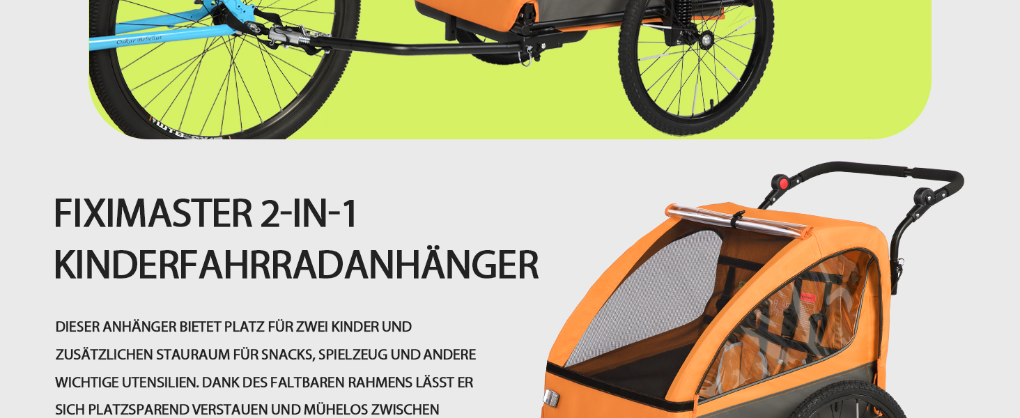 Дитячий велопричіп 2в1 з функцією коляски та бігуна, амортизація, регульована ручка-штовхач та гальма, для 1-2 дітей, до 40 кг (Помаранчевий)