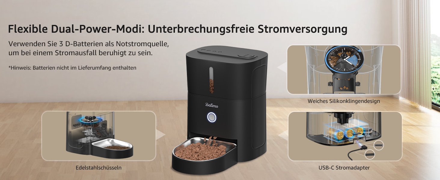 Автомат годування котів Balimo 3L з Wi-Fi, інтелектуальний диспенсер для котів/собак, з підсвічуванням та мискою з нержавіючої сталі 304, керування через додаток, 1-10 прийомів їжі на день, білий/чорний